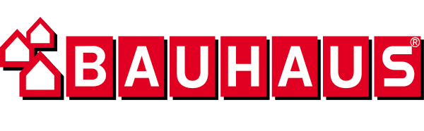 Das rote Firmenlogo von Bauhaus mit weißem Schriftzug und Haus-Symbolik.