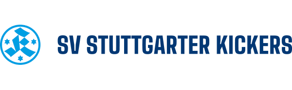 Logo des SV Stuttgarter Kickers mit Vereinswappen und blauem Schriftzug auf schwarzem Hintergrund.