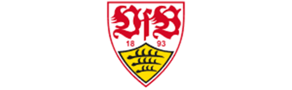 Offizielles Logo des VfB Stuttgart mit rotem Schriftzug und gelbem Wappen auf weißem Grund.